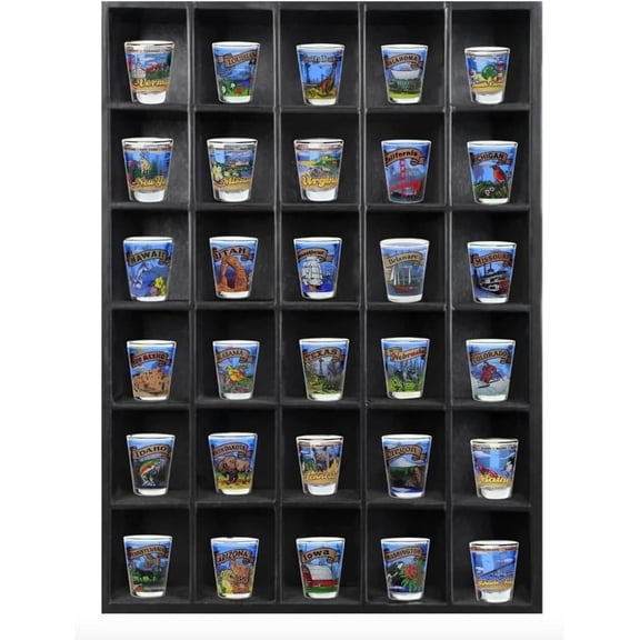 Tasse Verre 30 Shot Glass Display Case (1-Pack) - Large Wooden Collectibles Rack - Wall Mounted Black Bar Shadow Box Minifigure Storage, 16.7x12.2”