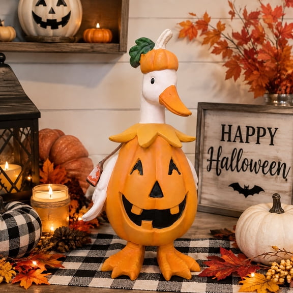 Halloween Pumpkin Goose Figurine, Light Up Jack O Lantern Goose Decor, Cute Resin Goose Statue with LED Candle Holder, Fall Harvest Tabletop Decoration for Mantel Shelf Farmhouse Home Decor