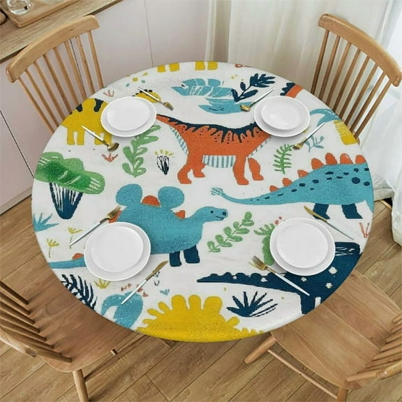 Orinice Dinosaur Round Table Cover Stain Resistant Washable Indoor Outdoor Tablecloth Kitchen Dining Wedding Parties 100% Polyester Fiber 31-35