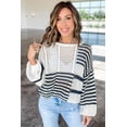 thumbnail image 4 of I AM A FASHION JUNKY White Stripe Contrast Striped Crochet Puff Sleeve Sweater, 4 of 8