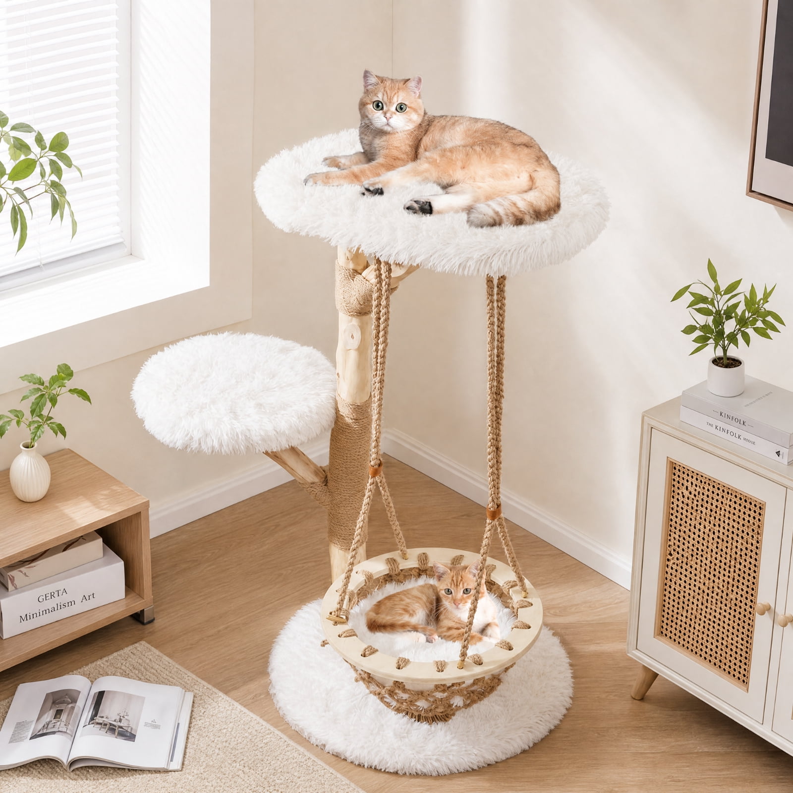 SUGIFT 48.5 Inch Solid Wood Cat Tree with Hanging Cradle, Tall Modern Cat Tree Tower for Large Cats with Jute Post and Plush Perch, Natural and White