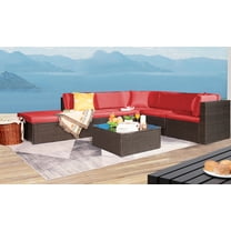 LACOO 7 Pieces Outdoor Conversation Set All Weather PE Rattan Sectional Sofa Sets with Soft Cushions, Ottoman, and Coffee Table, Red