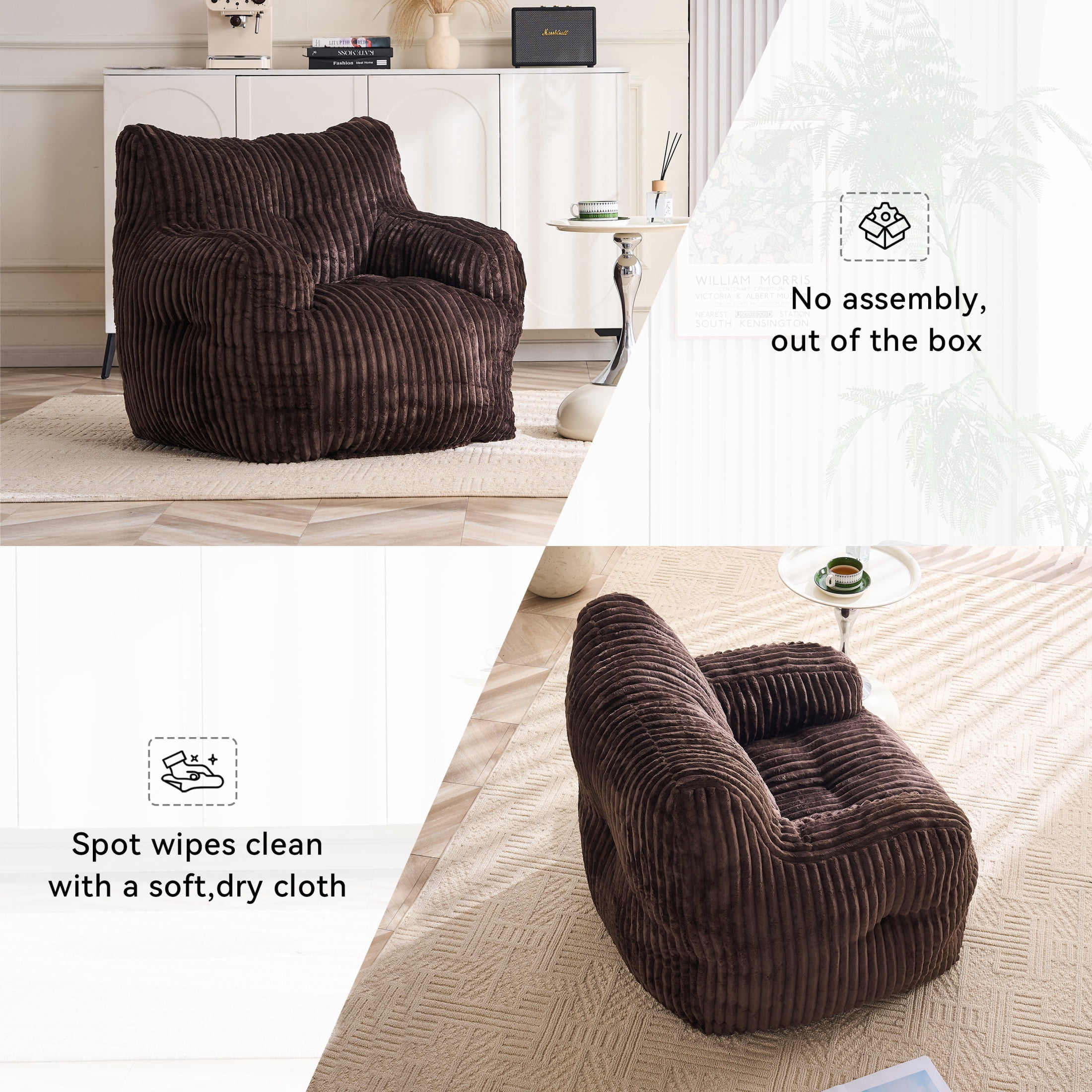 Noble House Solley 39" Fluffy Corduroy Bean Bag Chair, Memory Sponge Floor Lounger Accent Seat for Living Room, Brown
