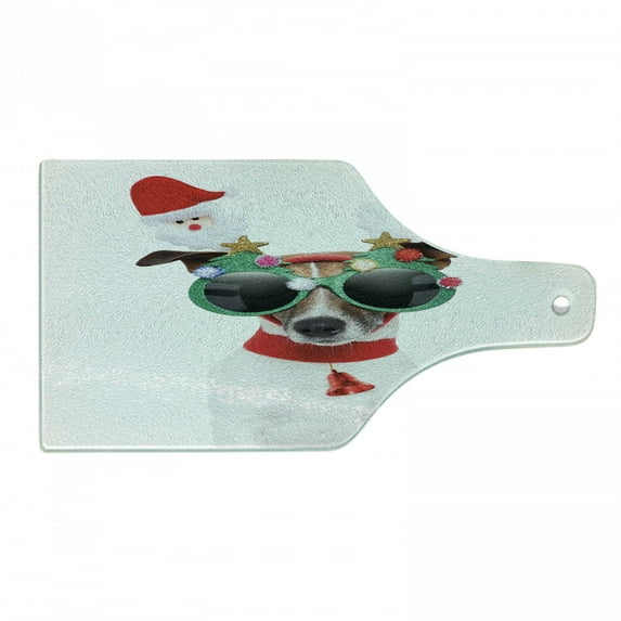 Christmas Cutting Board, Funny Puppy Jack Russel Dog Hilarious Sunglasses Santa and Bell, Decorative Tempered Glass Cutting and Serving Board, Wine Bottle Shape, Multicolor, by Ambesonne