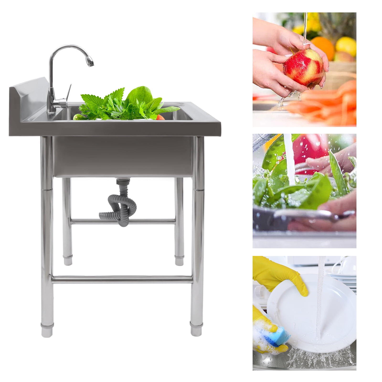 Upgraded Free Standing 304 Stainless Steel Utility Sinks for Laundry Room with Backsplash, Industrial Garage Sink Commercial Sink for Restaurant, Workshop