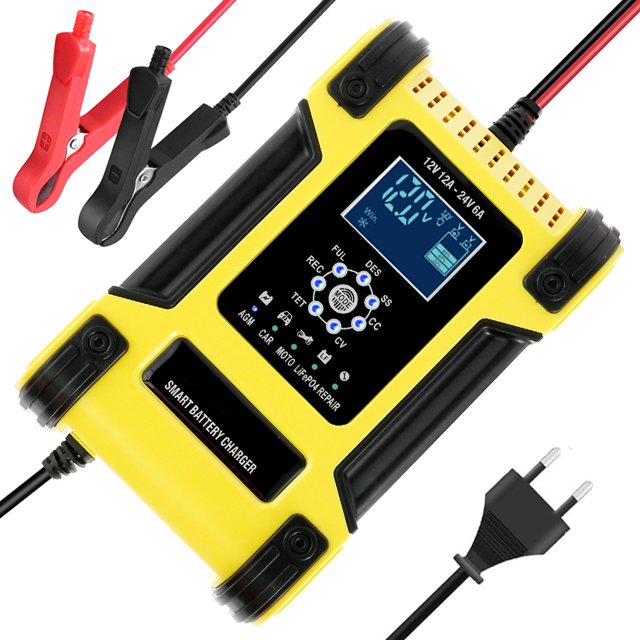 Muyoka Cargador de batería para automóvil 12V / 24V 12A Cargador de batería automático con función de reparación de carga de 7 pasos Pantalla LCD Cargas inteligentes Coche Motocicleta Barco Camión Cor Muyoka Hogar