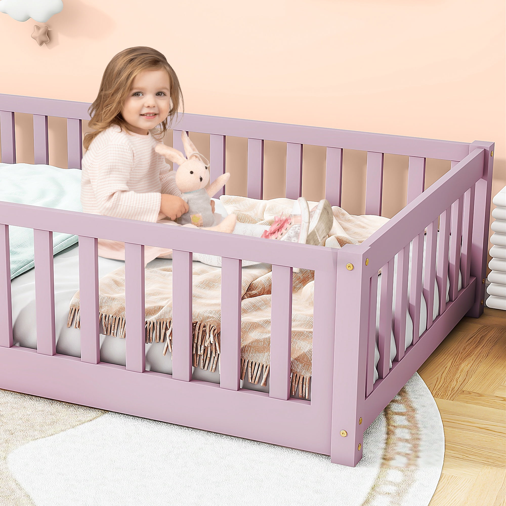 Twin Size Kids Toddler Floor Bed with Door and Fence, UHOMEPRO Montessori Floor Bed with Slats and Safety Guardrails, Solid Wood Twin Bed Frame for Bedroom, Pink