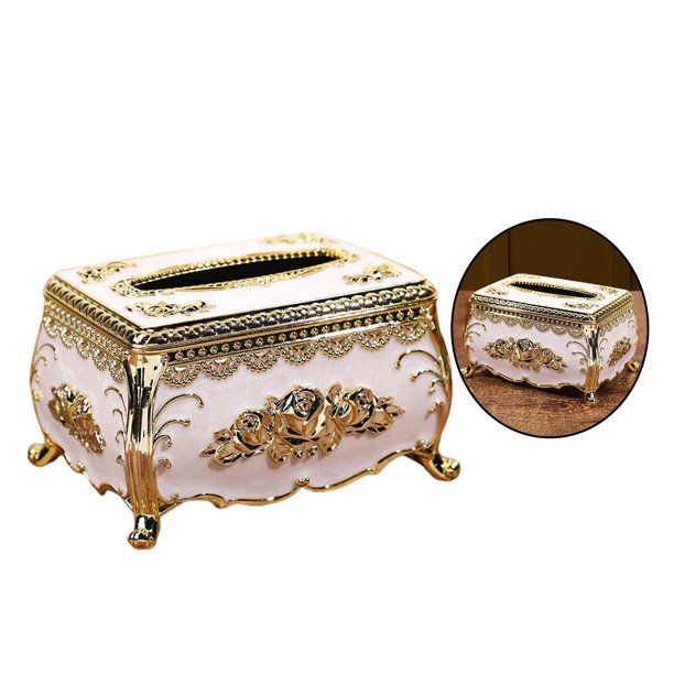 Caja de Pañuelos Tallada Macarena U dorado y blanco Sostenedor del tejido