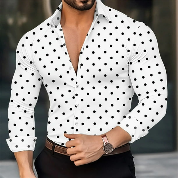 Camisa de manga larga con estampado de lunares y solapa con botones para hombre, ropa informal de verano, moda hawaiana para las fiestas