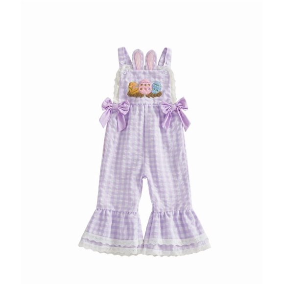 ICQOVD Lifestyle Apparel, Plaid Easter Jumpsuit Sleeveless Bell Bottom Romper with Bunny Embroidery