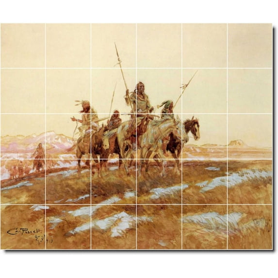 Ceramic Tile Mural-Charles Russell Indians Floor Tile Mural 19. 72" w x 60" h using (30) 12 x 12 ceramic tiles