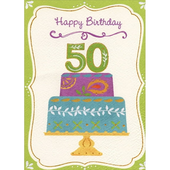 Designer Greetings Purple and Blue Cake with Green Border Age 50 / 50th Birthday Card