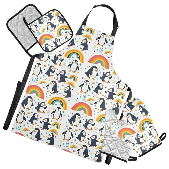 Cartoon Penguins and Rainbow 5 Pcs Kitchen Set Heat Resistant Oven Mitts and Non-Slip Pot Holders with Adjustable Cooking Apron