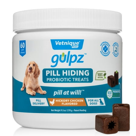 UPC: 0810082380040 | Gulpz Pill Hiding Probiotic Pockets Dogs – Hide  Hold and Deliver Pet Meds Hickory Chicken Flavor Dog Treats 60ct by Vetnique Labs