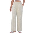 thumbnail image 2 of BOMYJESK Linen Pants Women Striped Wide Leg Palazzo Pants 2026 Summer High Elastic Waisted Lounge Pajama Pants Casual Beach Vacation Long Straight Pant Trousers with Pockets Beige XXL, 2 of 5