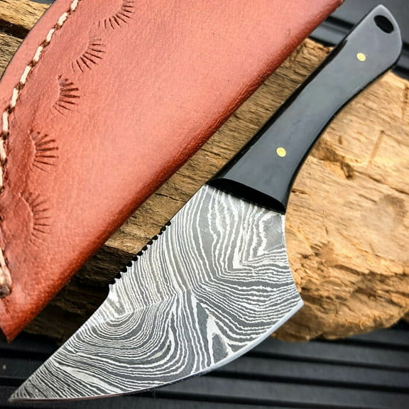 6" Damascus Skinning Survival Camping Fixed Blade Knife Full Tang Black Horn Handle
