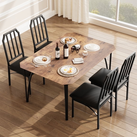 GOCAPTAIN 5 Piece Dining Table Set, Modern Chamfered Edge Table with 4 Upholstered Chairs, Space-Saving Kitchen Table for Small Apartments, Retro Color