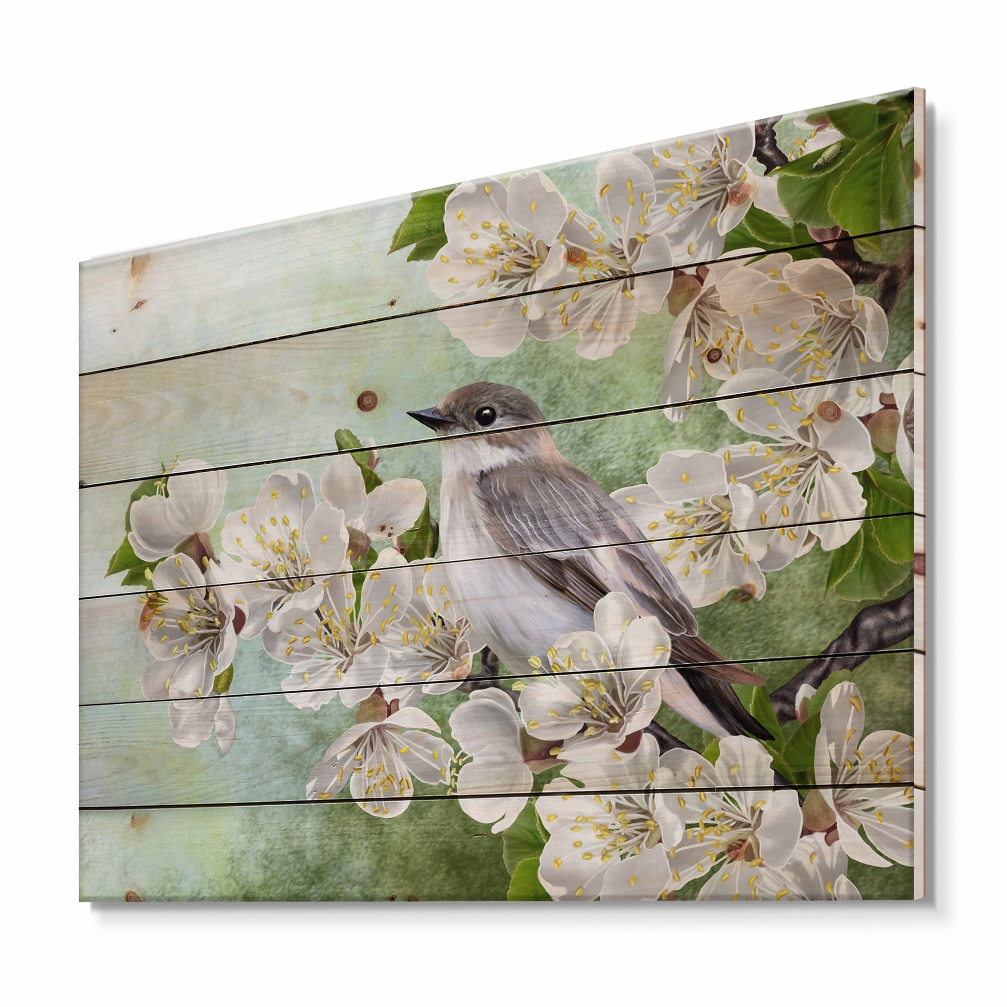 Designart 'Gray Bird Sitting On A Branch of A Blossoming Tree' Traditional Print on Natural Pine Wood