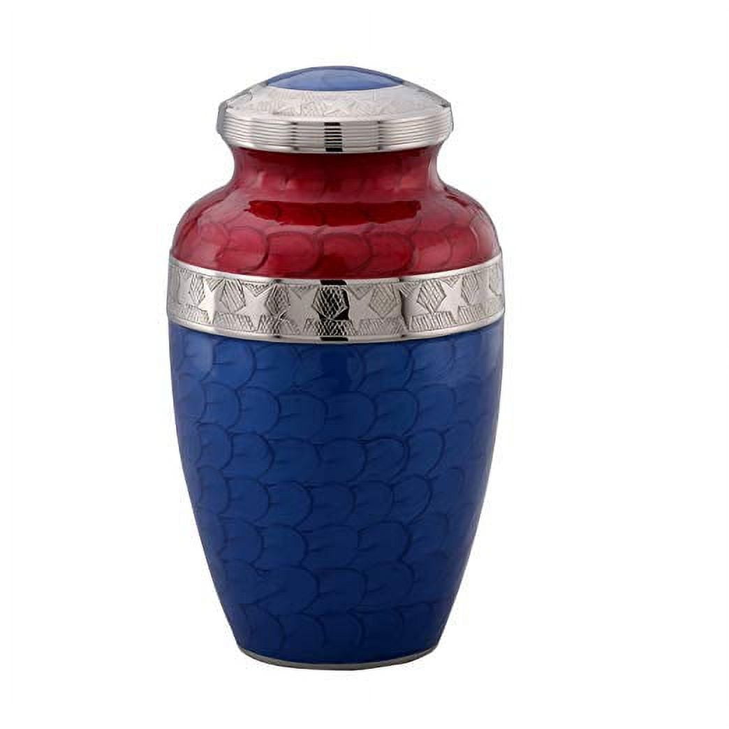 American Honor and Glory Cremation Urn - Large Solid Brass Red and Blue Star Veteran Urn - Adult Handcrafted Affordable American Flag Urn for Ashes with Free Bag