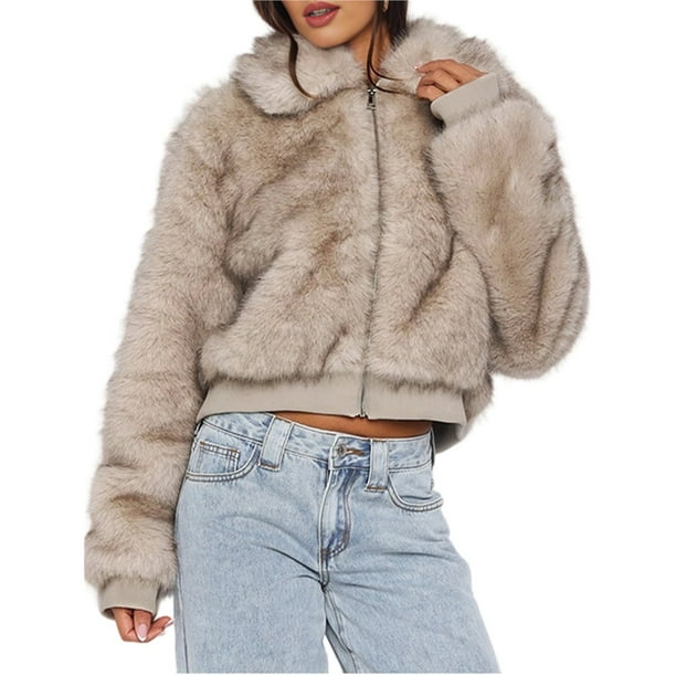 Abrigo de Piel Sintética para Mujer, Chaqueta de Piel Sintética, Chaqueta de Invierno de Larga con Solapa, Parka Corta. Albaricoque S