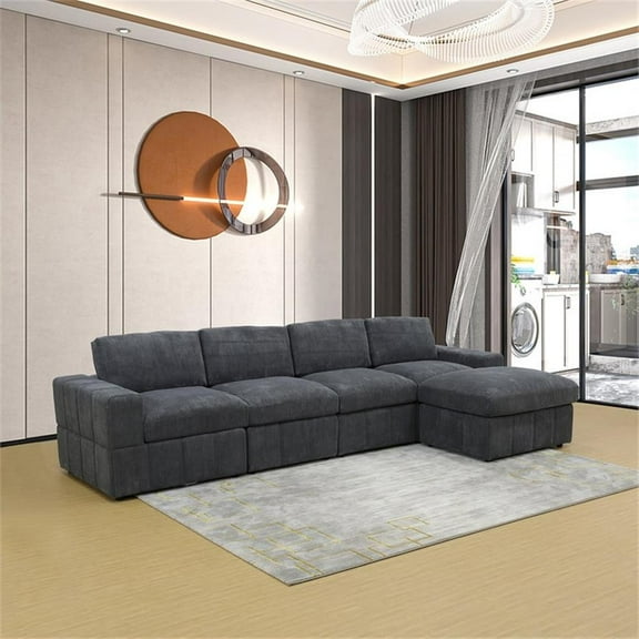 Dark Grey Corduroy 5-Piece Living Room Sofa Set Left Armchair and Recliner