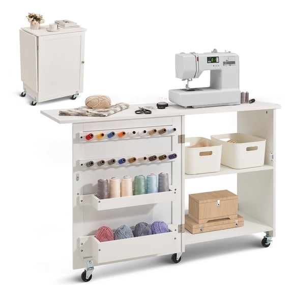 Folding Sewing Table with Storage Lockable Wheels White Sewing Craft Desk