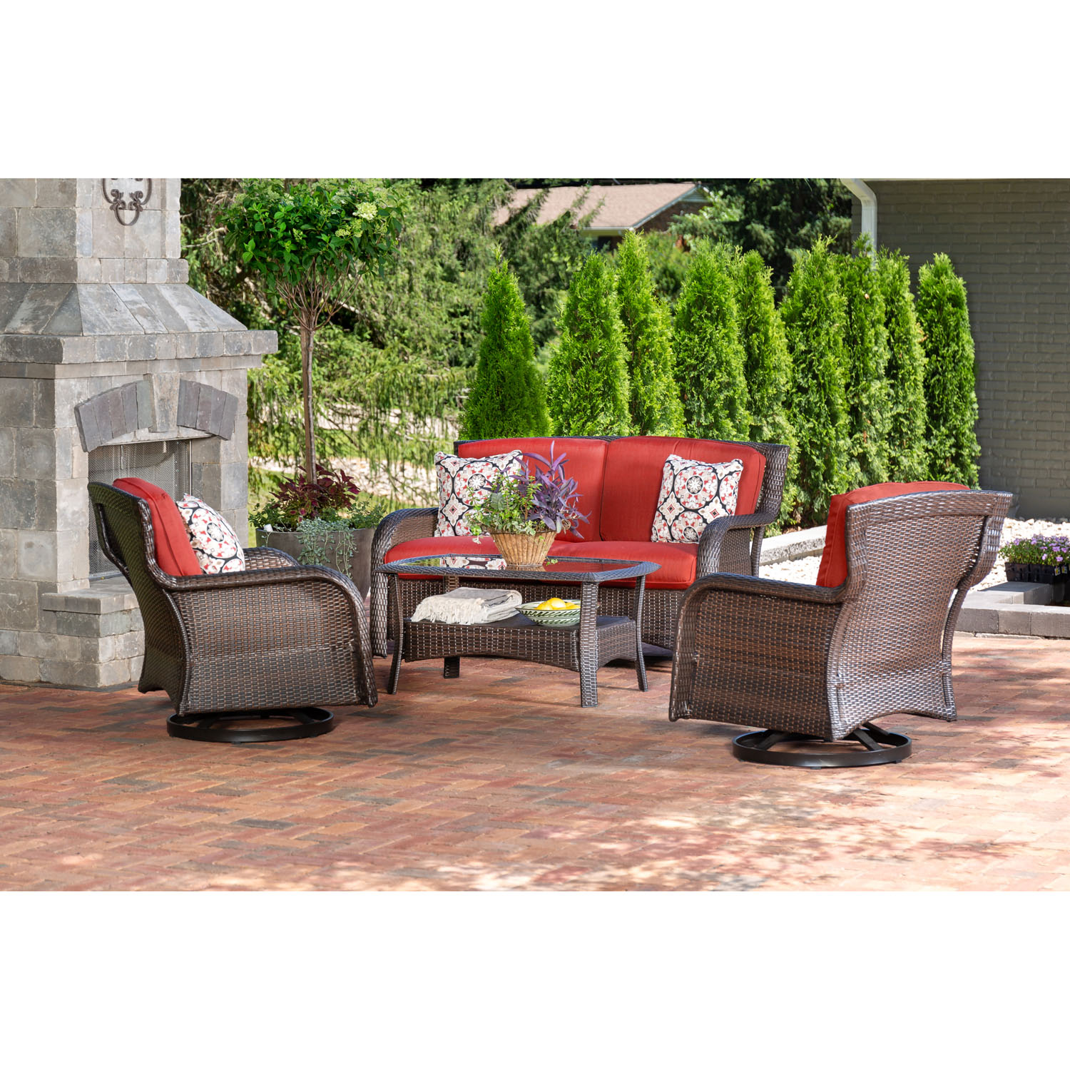 Hanover Strathmere 4-Piece Wicker and Steel Outdoor Conversation Set, Crimson Red - image 3 of 12