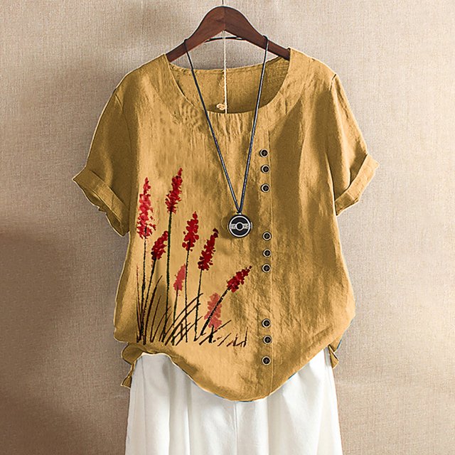 Puntoco Mujer Verano Casual Cuello Redondo Manga Corta Estampado De Flores Camisa Suelta Tops Puntoco Puntoco-1045