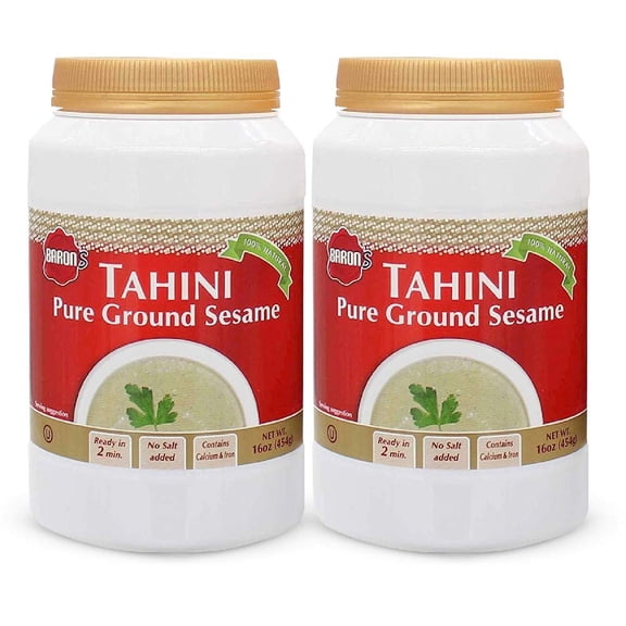 Baron's Pure Tahini Sesame Paste | Rich Creamy Spread for Hummus, Dips, Sauces | 2 x 16 oz Jars | Kosher, Vegan, Keto friendly, Non-GMO, Gluten-Free, No Peanuts | All-natural Ground Seeds Tahina