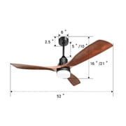 52Ceiling Fan with Light and Remote 3 Solid Wood Blades Ceiling Fan with 6-Speed Reversible DC Motor