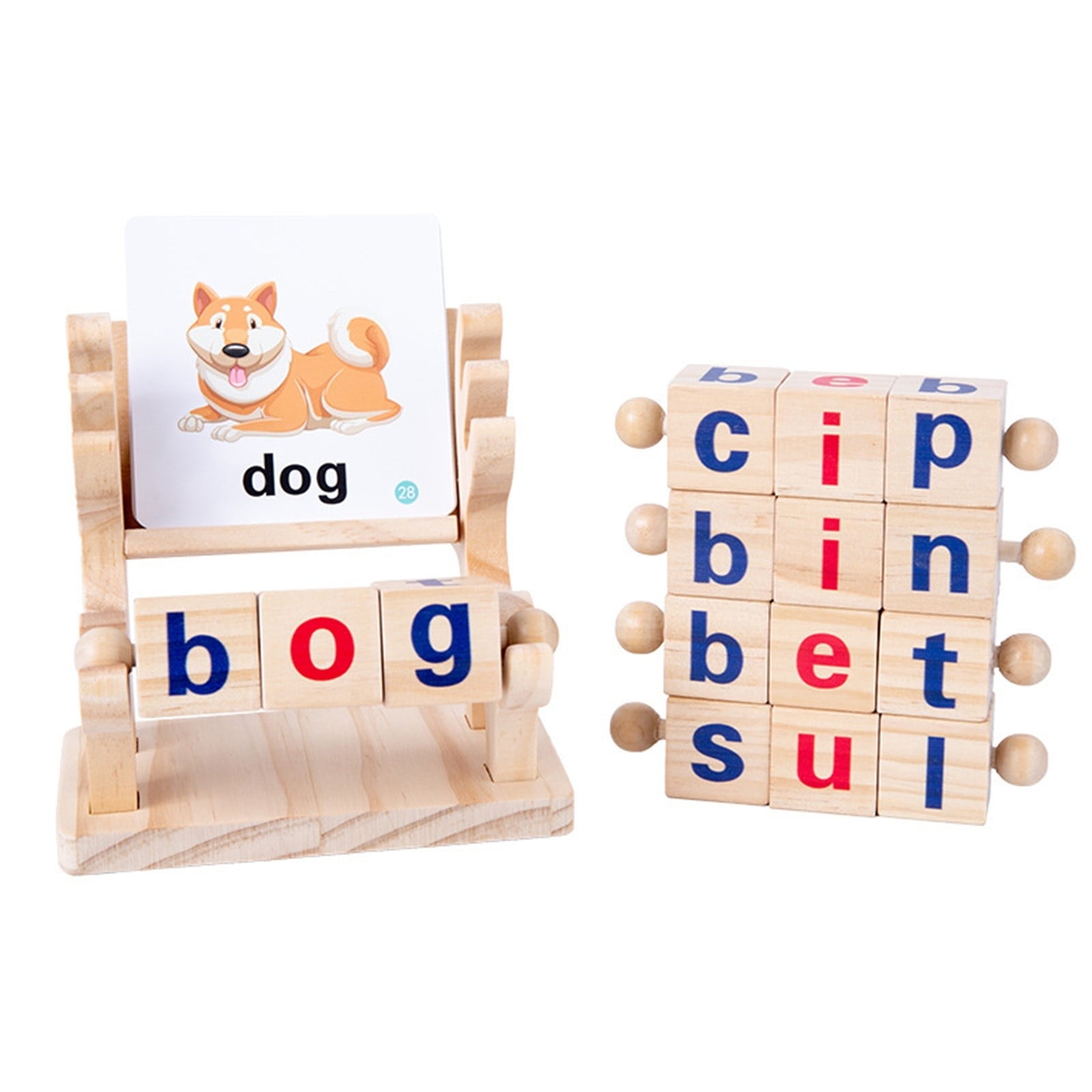Coogam Wooden Reading Blocks Short Vowel Rods Spelling Games, Flash Cards Turning Rotating Letter Puzzle for Kids, Site Words Montessori Spinning Alph