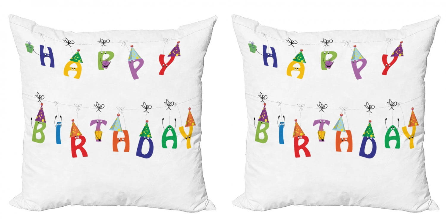 Birthday Throw Pillow Cushion Cover Pack of 2, Celebration Colorful