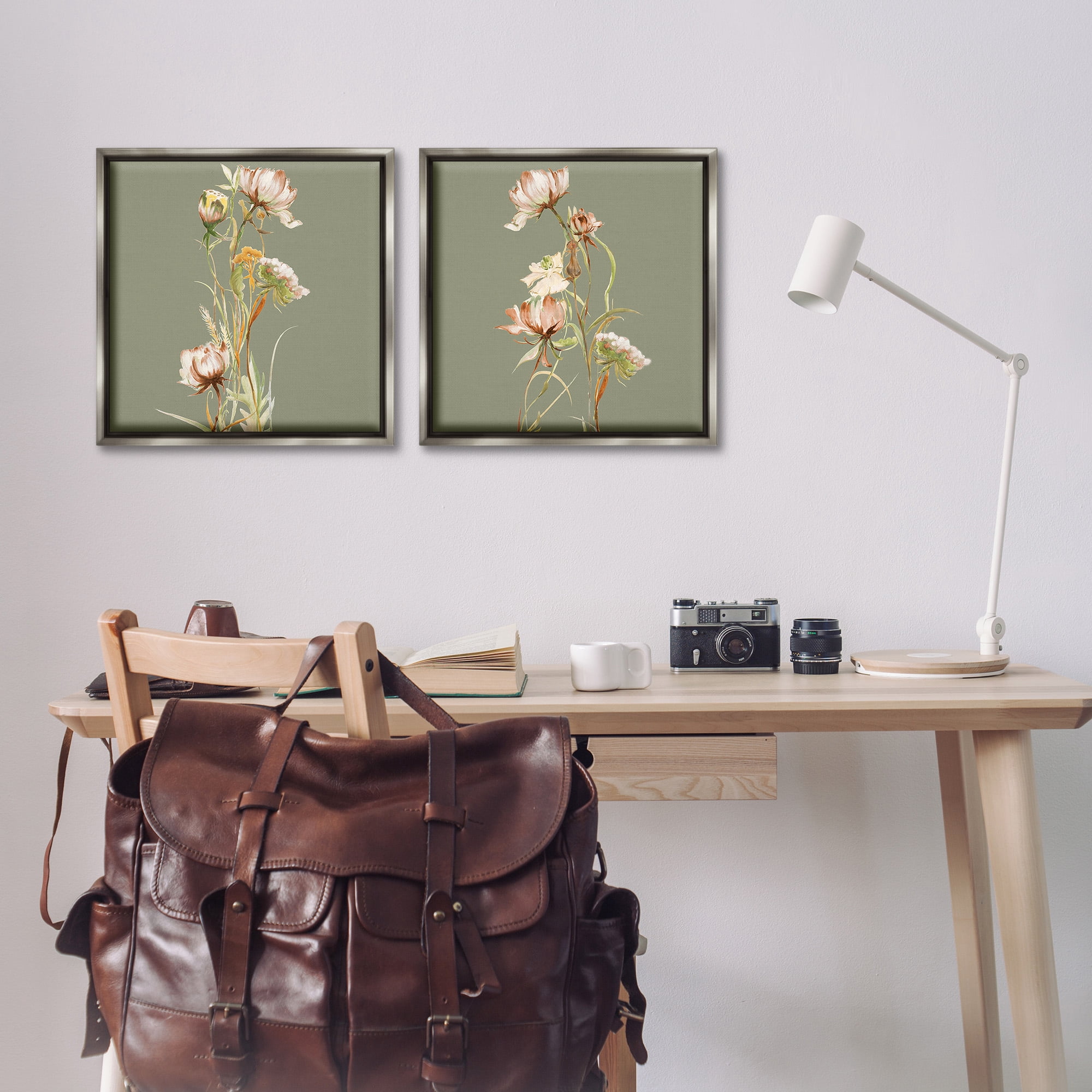 Stupell Industries Classic Blooms on Green Botanical & Floral Painting Gray Floater Framed Canvas Art Print Wall Art, 18 x 18, Set of 2