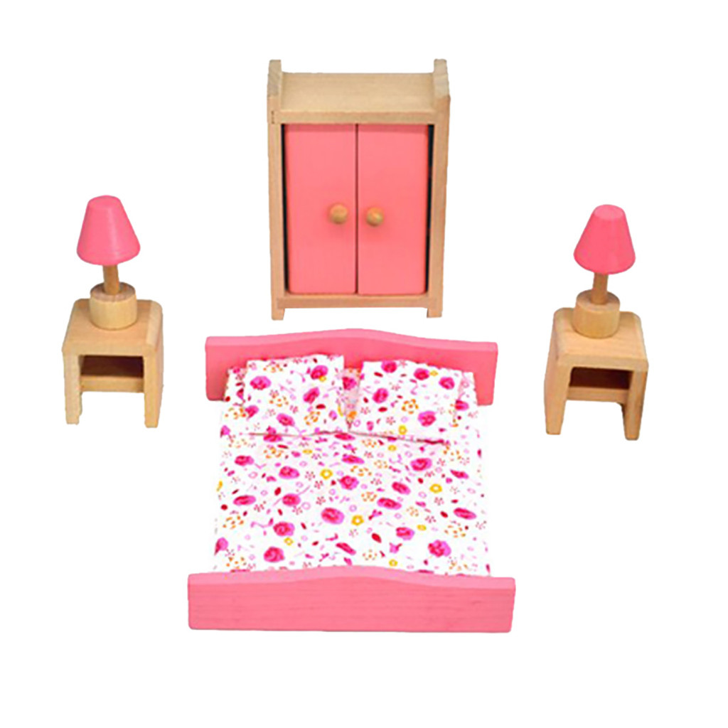 Excellent Wooden Doll House Furniture Set With Accessories For