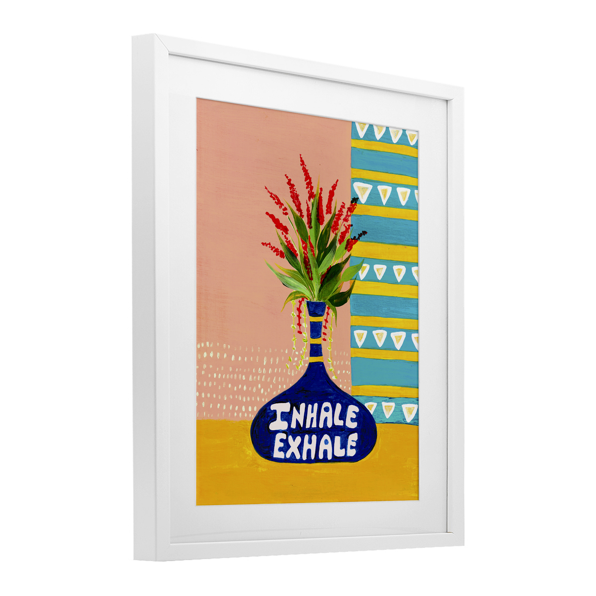 Inhale Exhale Flower Vase White Framed Print Under Glass, design by Nabeela Rumi