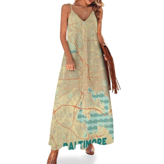 Vestido retro sin mangas con diseño de mapa de Baltimore, falda para mujer, vestidos africanos para mujer, vestidos de fiesta elegantes para mujer, vestido largo