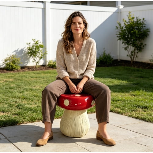 13.8" Oversized Hand-Painted Resin Mushroom Stool with Forest Base - Indoor/Outdoor Garden Statue, Multi-Use Decorative Seat & Plant Stand for Summer Decor