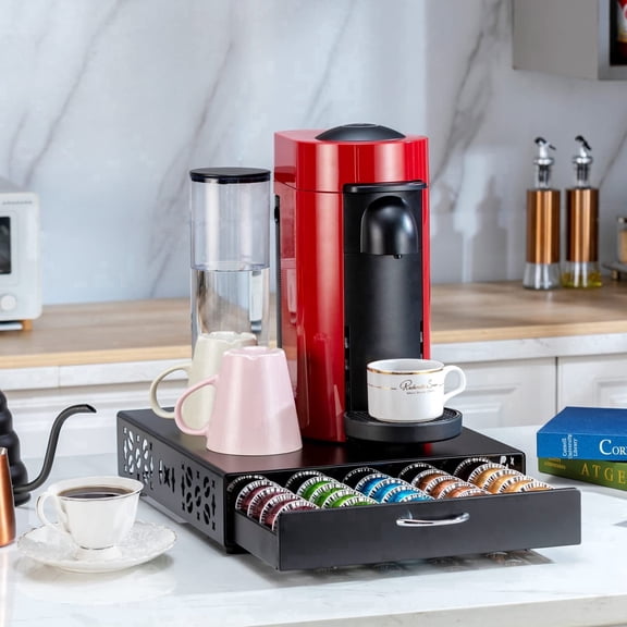 FlagShip Nespresso Pod Holder Vertuo Capsule Storage Pod Organizer Coffee Bar Design And Coffee Machine Stand Black Metal 50 Pods Capacity