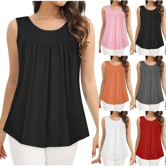 Otntypg Womens Summer Tank Tops Cute Sleeveless Crew Neck T Shirt Casual Solid Color Loose Flowy Comfy Pleated Tunic Blouses Pink M