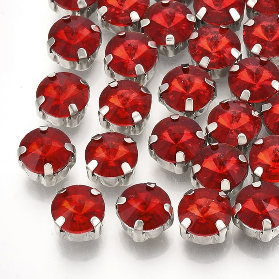 Sew on Rhinestone Multi-strand Links Glass Rhinestone with Brass Prong Settings Garments Accessories Faceted Flat Round Platinum Red 9x6.3mm Hole: 0.8~1mm