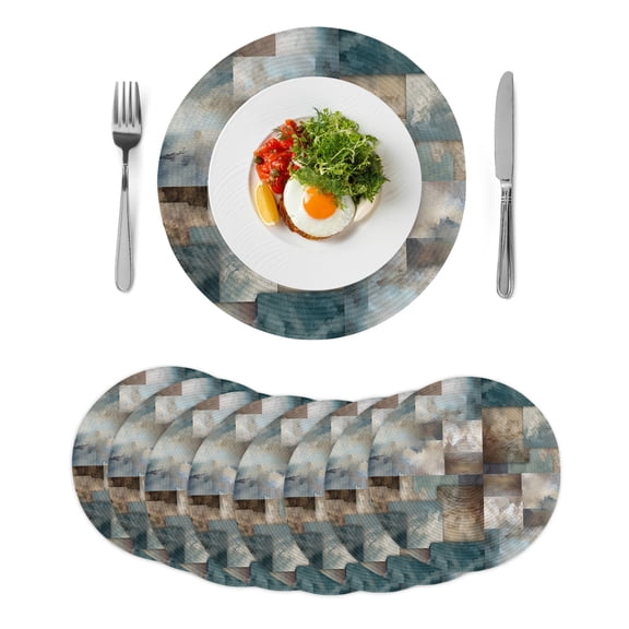 Round Woven Placemats set of 8, Teal Brown Abstract Blocks Washable&Heat Resistant Plastic Wipeable Placemats for Round Table Modern Geometric Squares Kitchen Dining Table Decor, 15in,