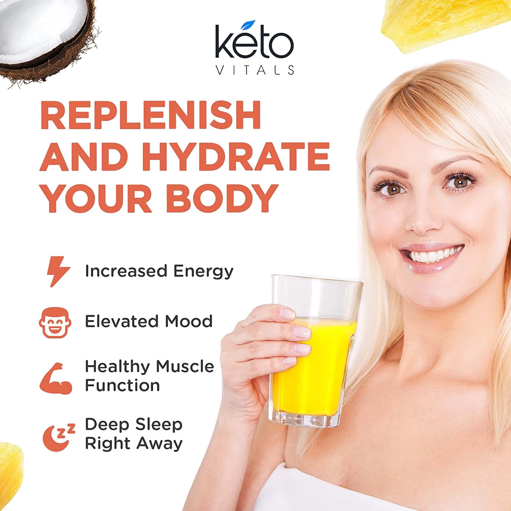 Keto Vitals Keto Electrolytes Powder for Hydration, Sleep, Energy, Muscle Function Pineapple Coconut 10 oz