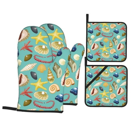 

Oven Mitts and Pot Holders 4 pcs Set Conch Shells Print No.9020 Heat Resistant Pot Holders Oven Mitts for kitchen Non-Slip Hanging Loop Oven Glove Potholders for Baking Cooking