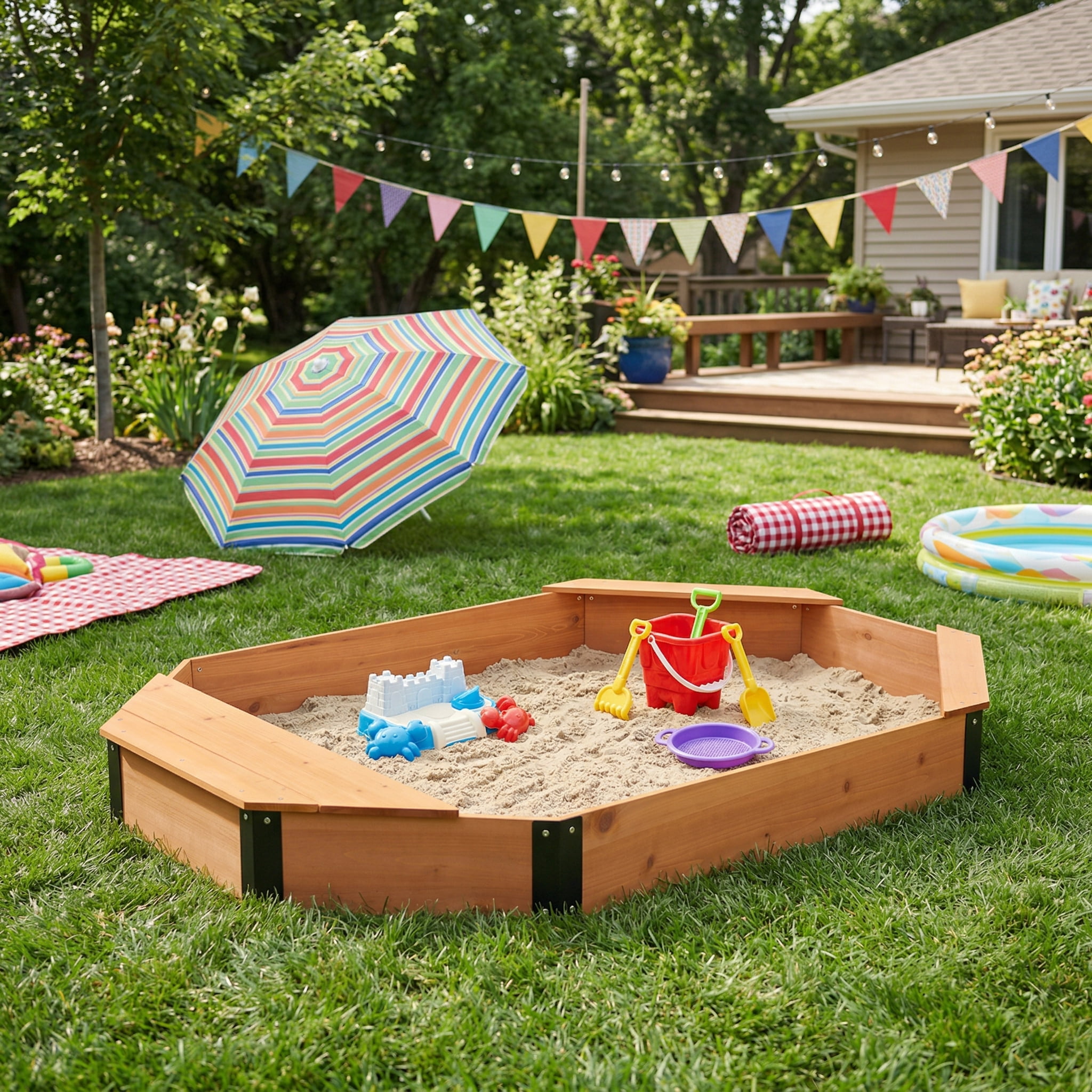 Kids Sandbox, Octagon Solid Wood Sand Pit with Cover Liner Storage for Backyard Patio Outdoor Children Play Area, Reddish Brown