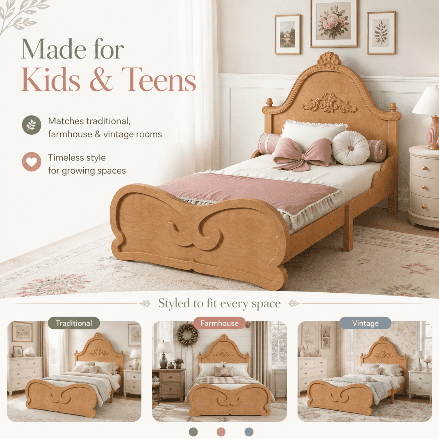 Miniyam Twin Size Kids Platform Bed Frame with Carved Headboard and Footboard, Wood Bed, Natural