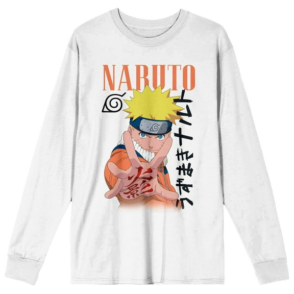 Naruto Classic Naruto Uzumaki & Kanji Men's White Long Sleeve Shirt-XL