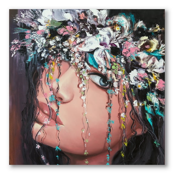 Portrait Of A Young Woman With Flowers II 30 in x 30 in Painting Canvas Art Print, by Designart