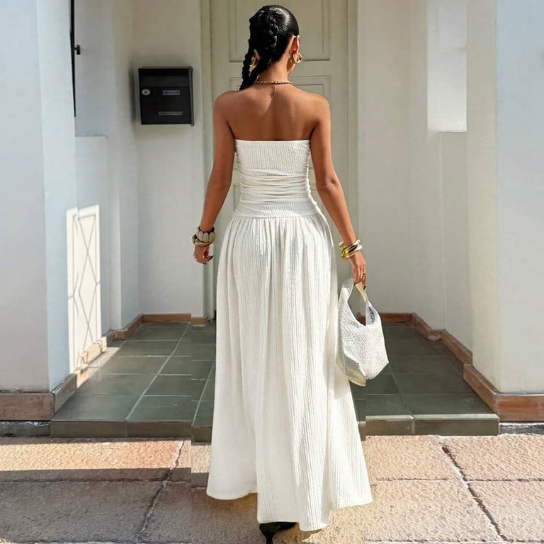 flowy strapless mini dress Women's Bandeau Neck Dress, Ribbed Knit Cocktail Party Dress, Plain Color Backless Boho Style Outfits for Wedding Guest and Carnival