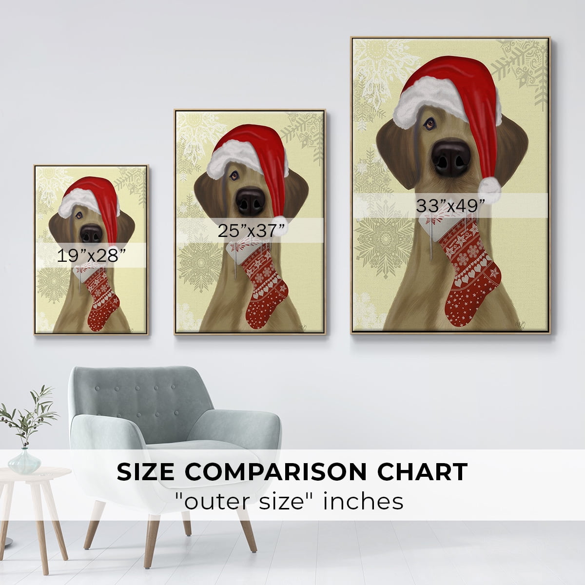 Christmas Drooly Christmas Dane - Framed Gallery Wrapped Holiday Canvas - 27 x 41 - Natural Wood Frame