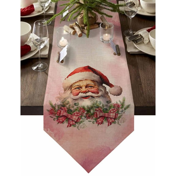 Table Runner Dresser Scarves Merry Christmas Amiable Santa Cotton Linen Burlap Table Cover Holly Bowknot on Pink Linen Table Runners for Family Kitchen Dining Holiday Party Banquet Decor